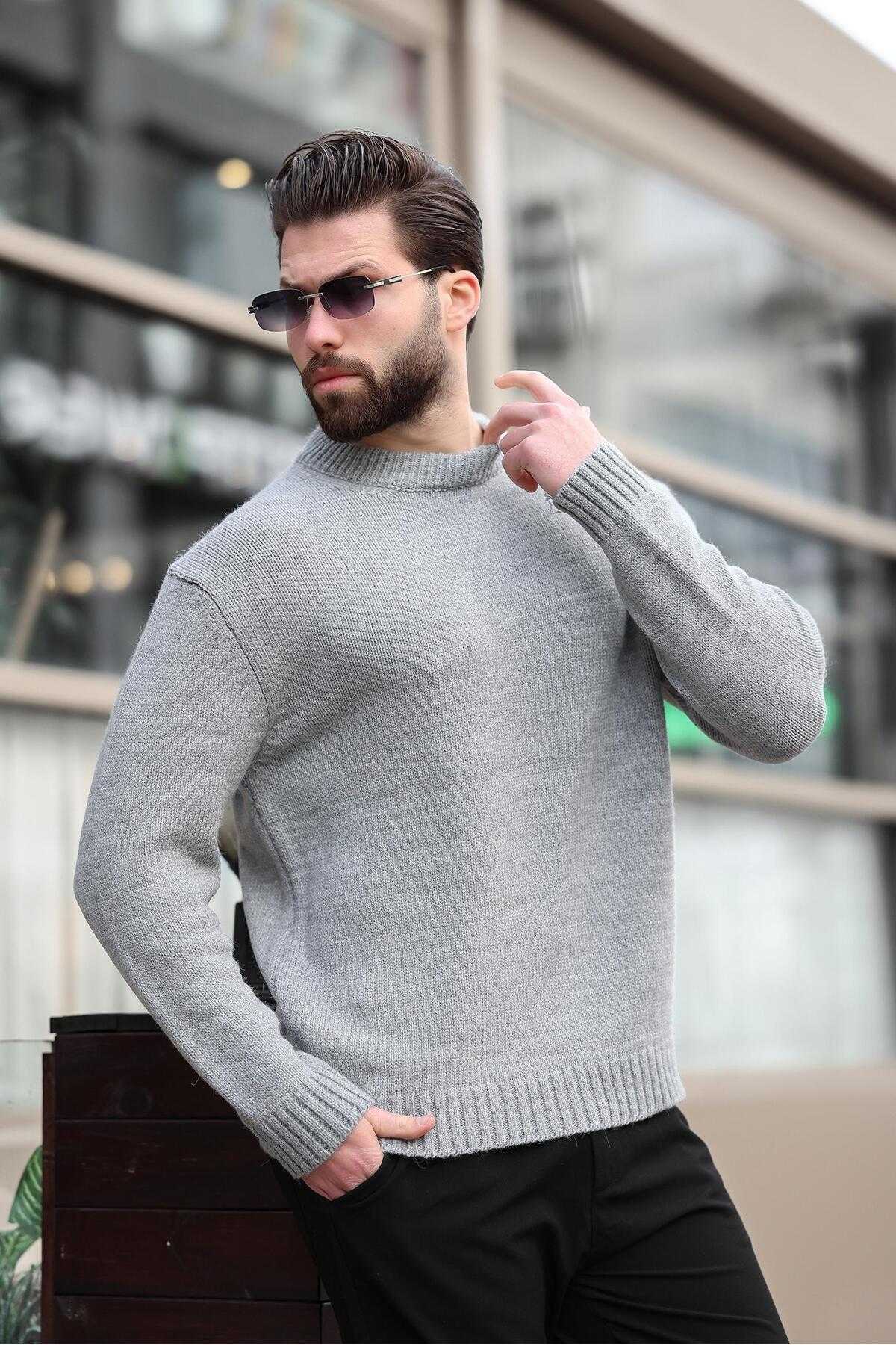 ژاکت بافتنی مردانه یقه کروی خاکستری