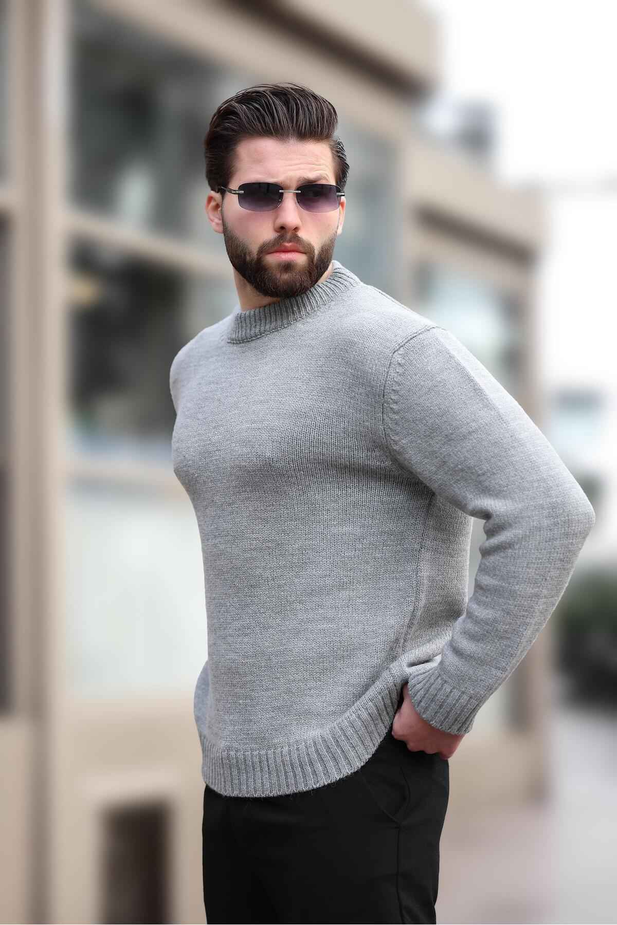 ژاکت بافتنی مردانه یقه کروی خاکستری