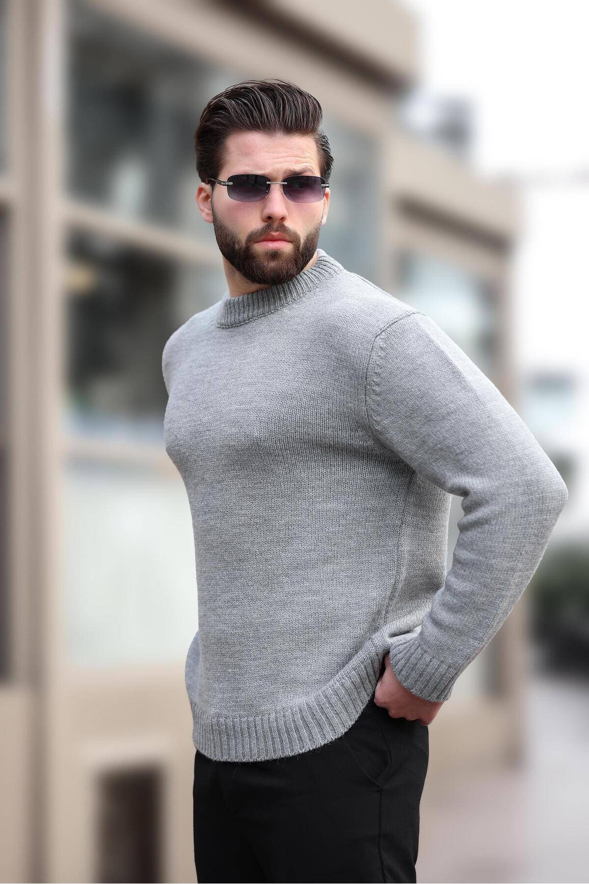 ژاکت بافتنی مردانه یقه کروی خاکستری