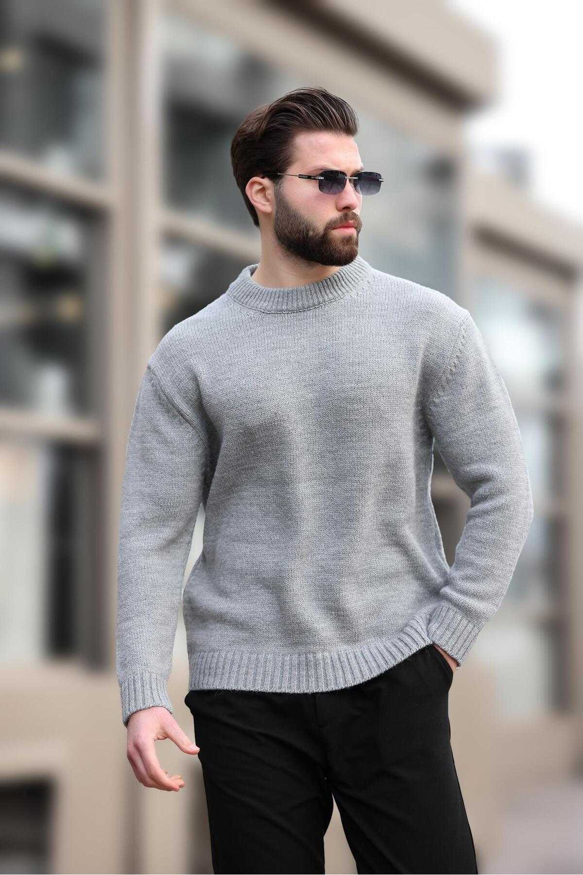 ژاکت بافتنی مردانه یقه کروی خاکستری