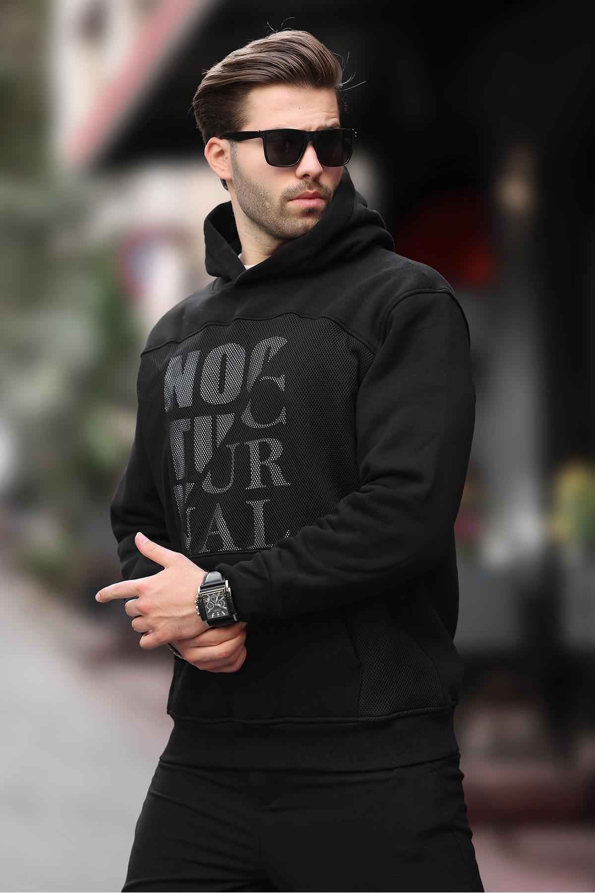 سویشرت مردانه کلاهدار مشکی با جزئیات جیبی