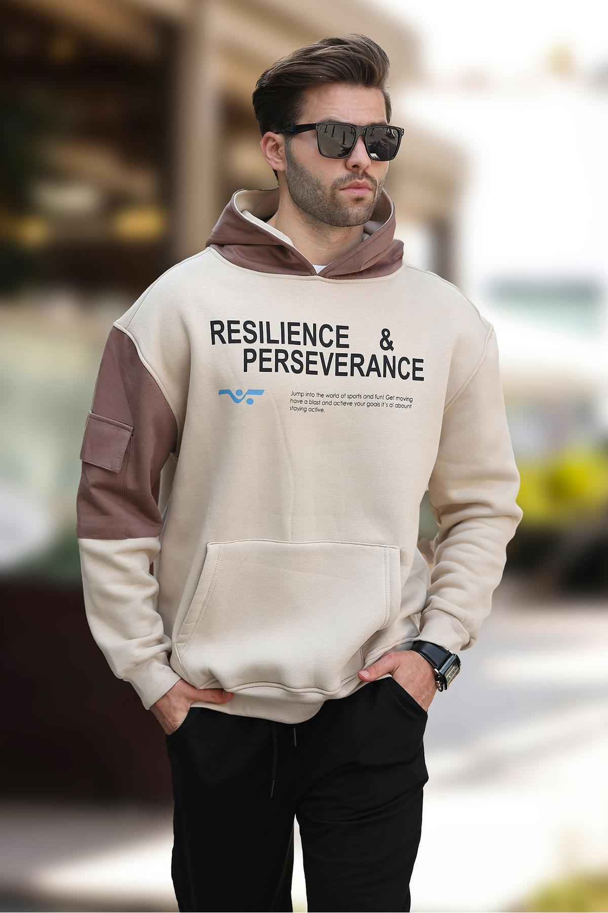 سویشرت مردانه کلاهدار خاکی با چاپ جزئیات جیبی