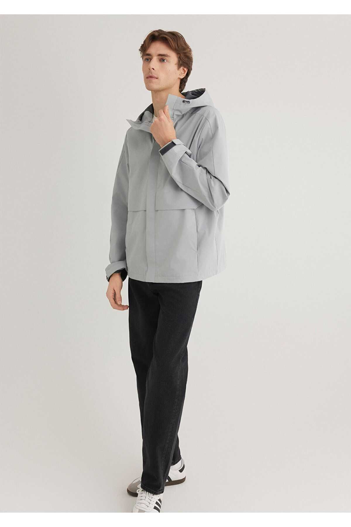 کاپشن خاکستری کلاهدار تناسب منظم / برش معمولی -70093