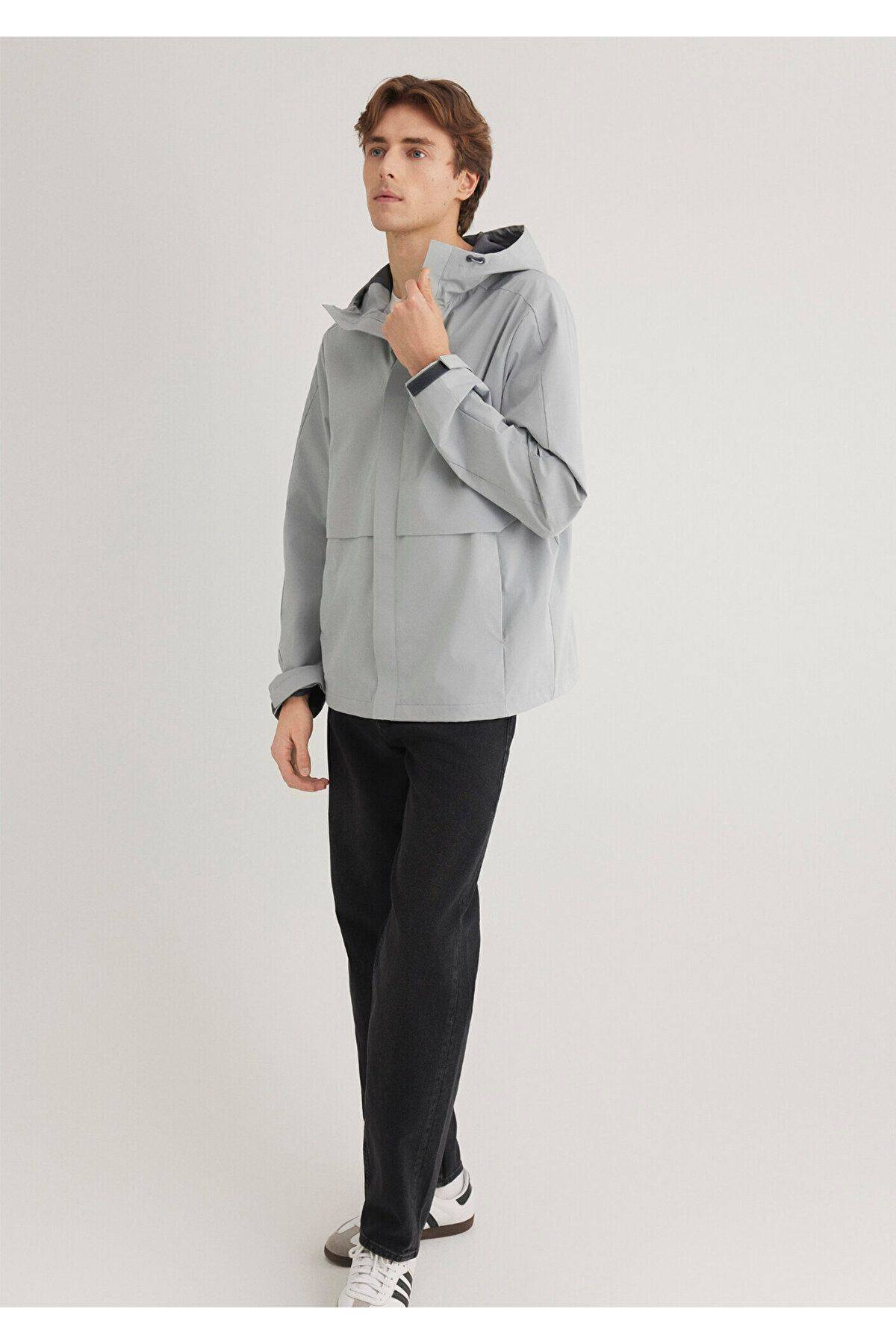 کاپشن خاکستری کلاهدار تناسب منظم / برش معمولی -70093