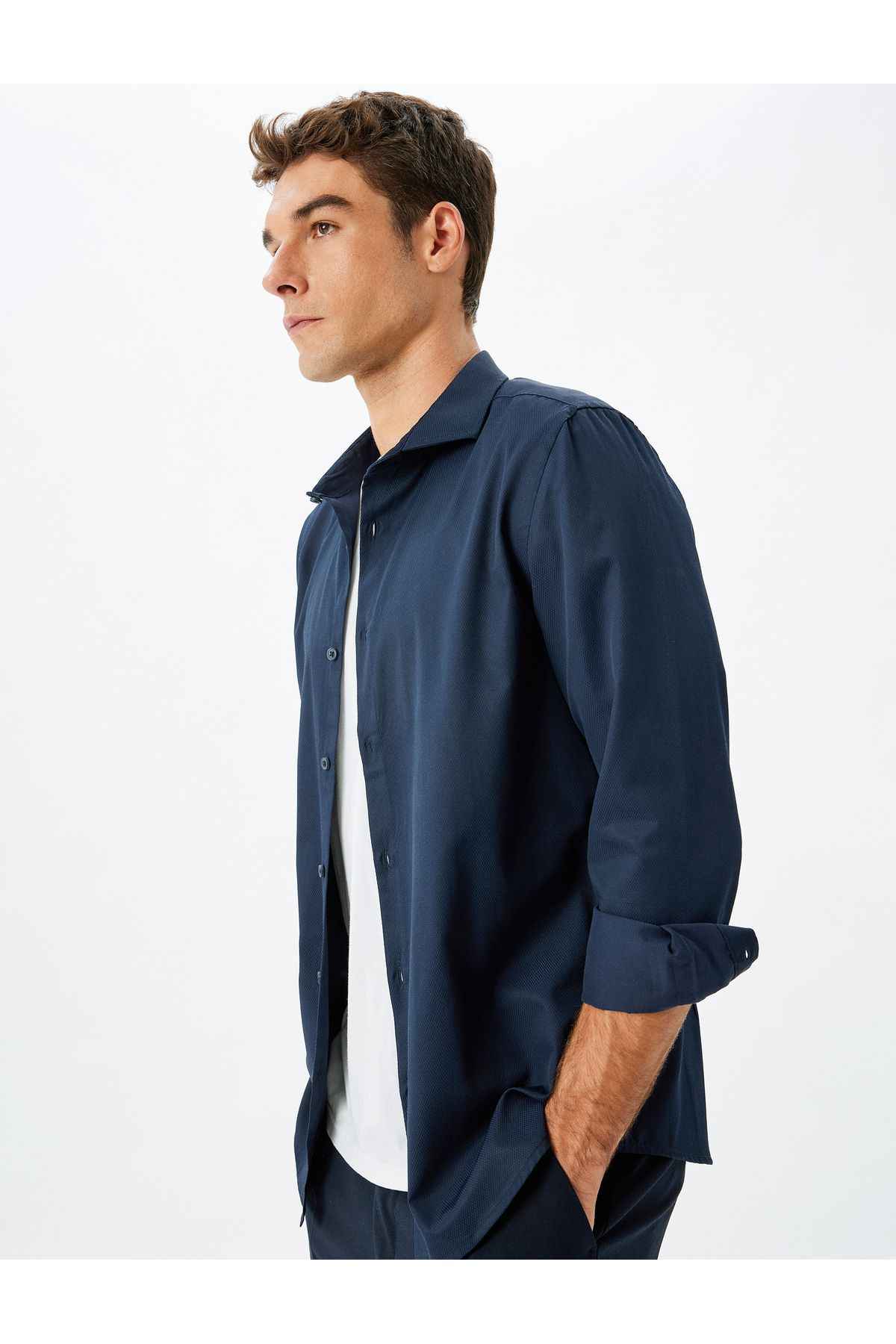 پیراهن کلاسیک باریک و باریک آستین بلند نیمی از یقه ایتالیایی پنبه مخلوط