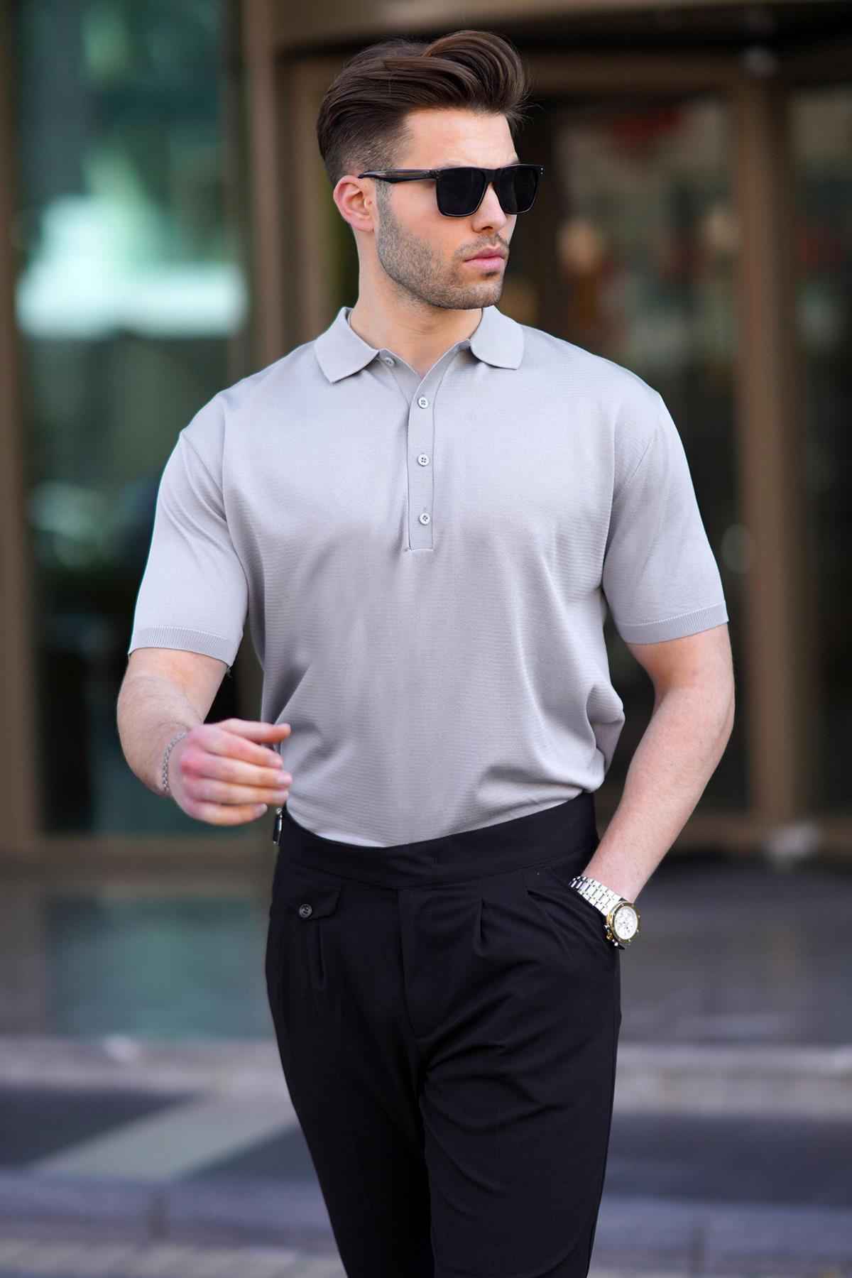 تیشرت ساده یقه پولو مردانه طوسی