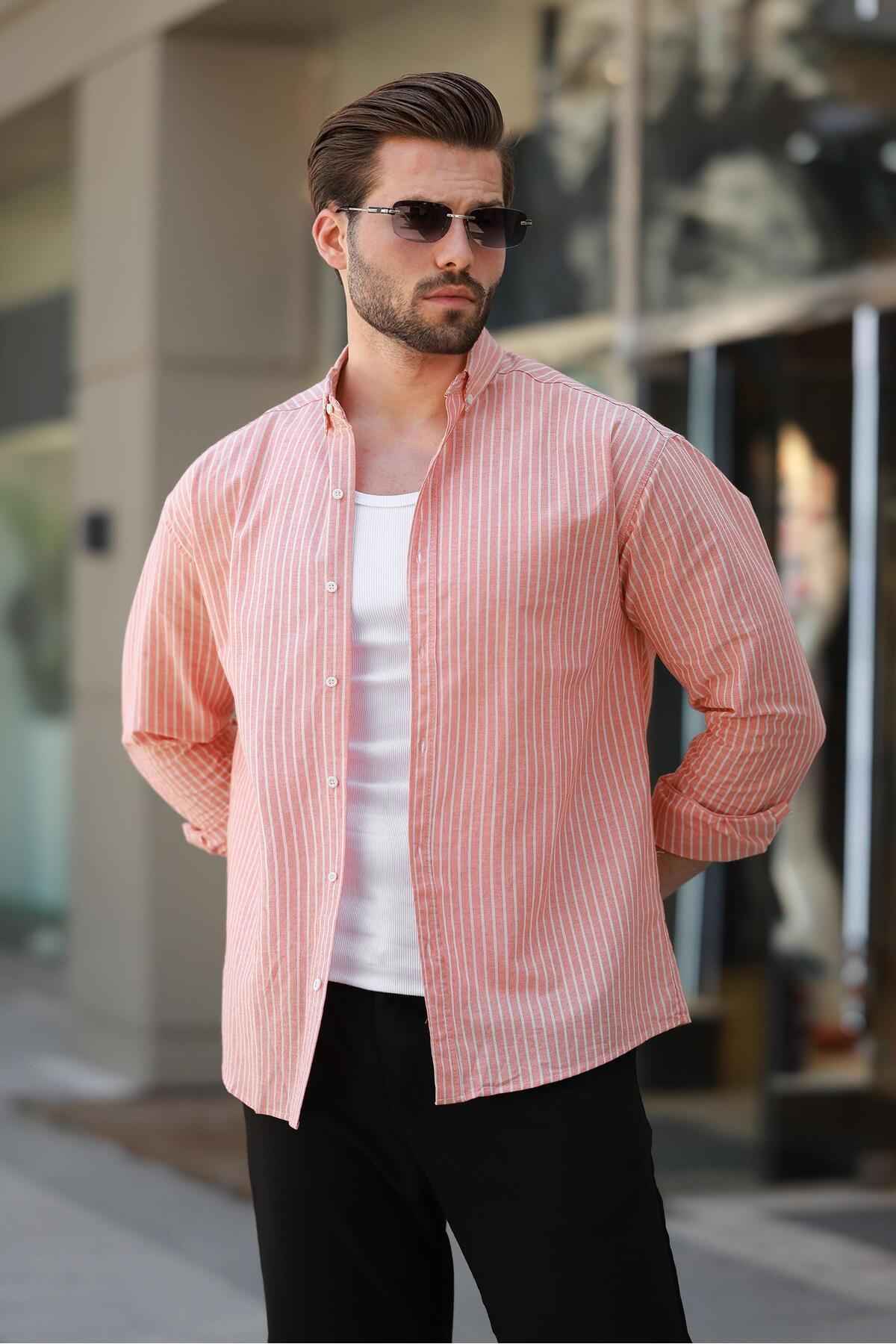 پیراهن مردانه آستین بلند طوسی راه راه