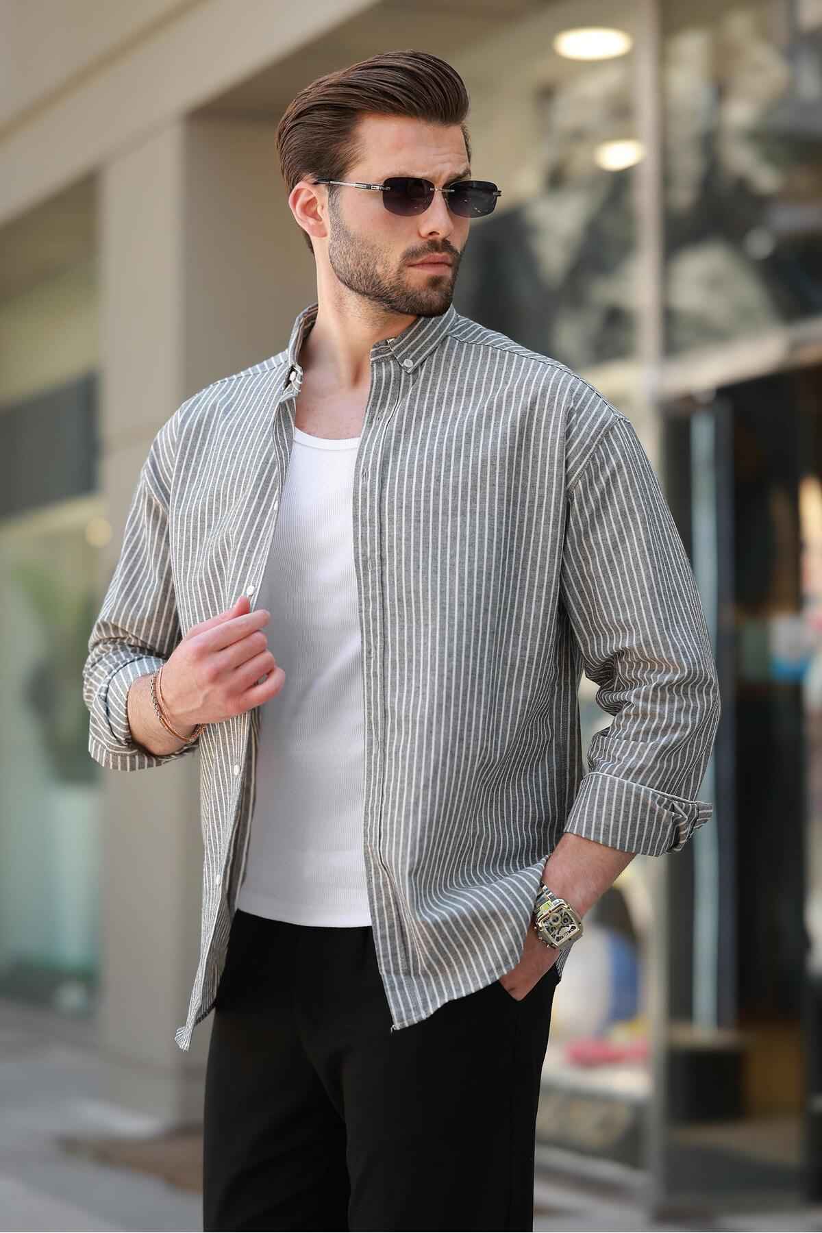 پیراهن مردانه آستین بلند طوسی راه راه