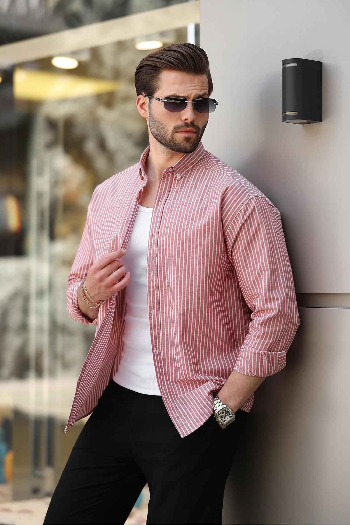 پیراهن مردانه آستین بلند طوسی راه راه