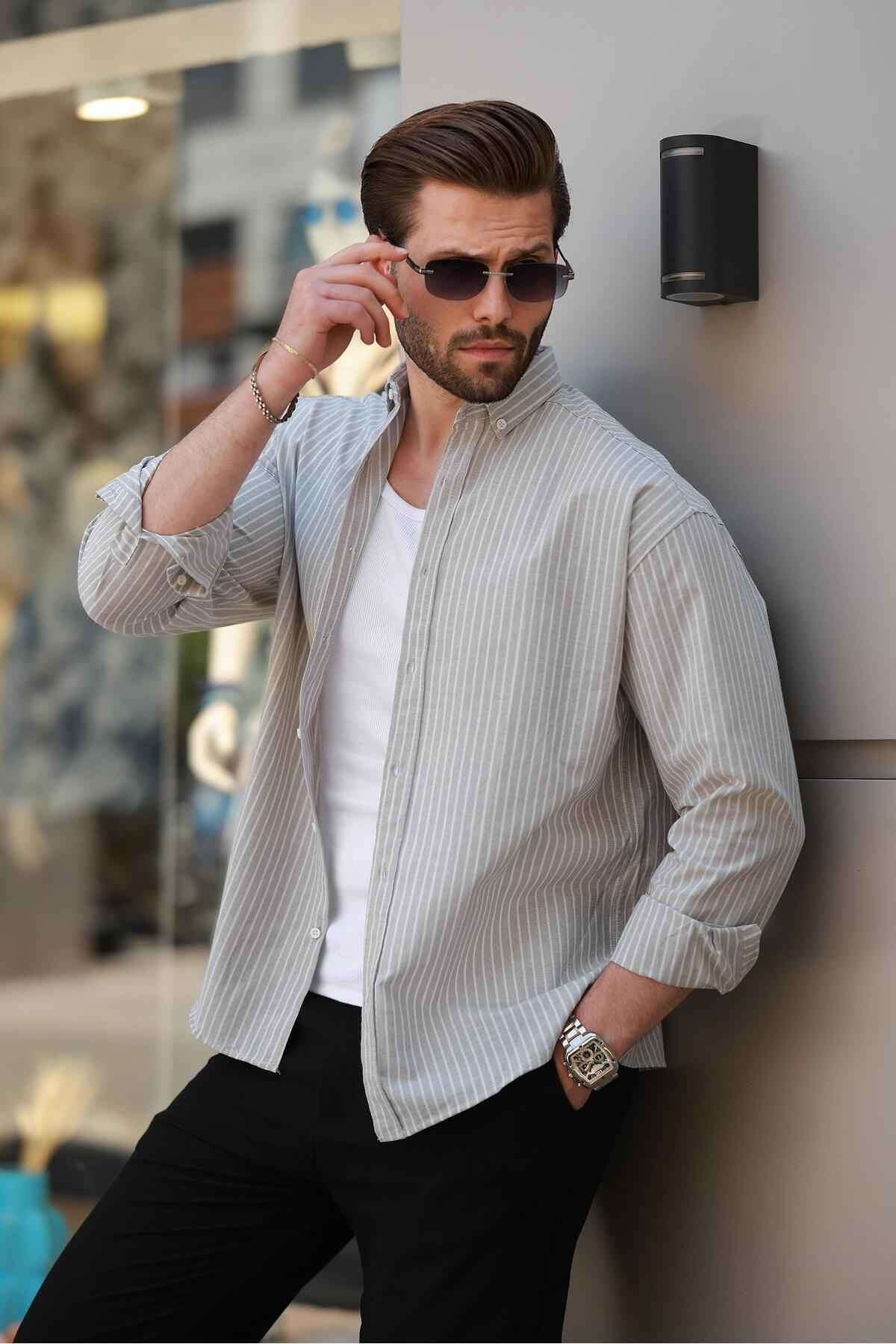 پیراهن مردانه آستین بلند طوسی راه راه