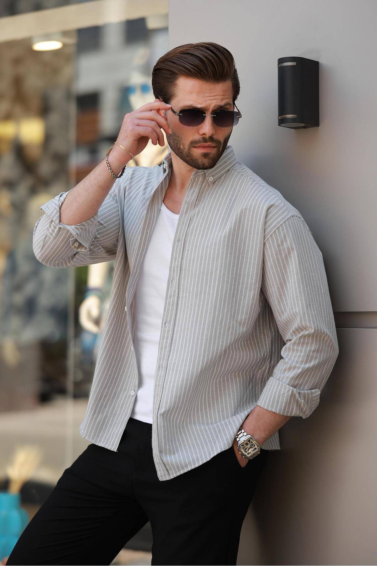 پیراهن مردانه آستین بلند طوسی راه راه