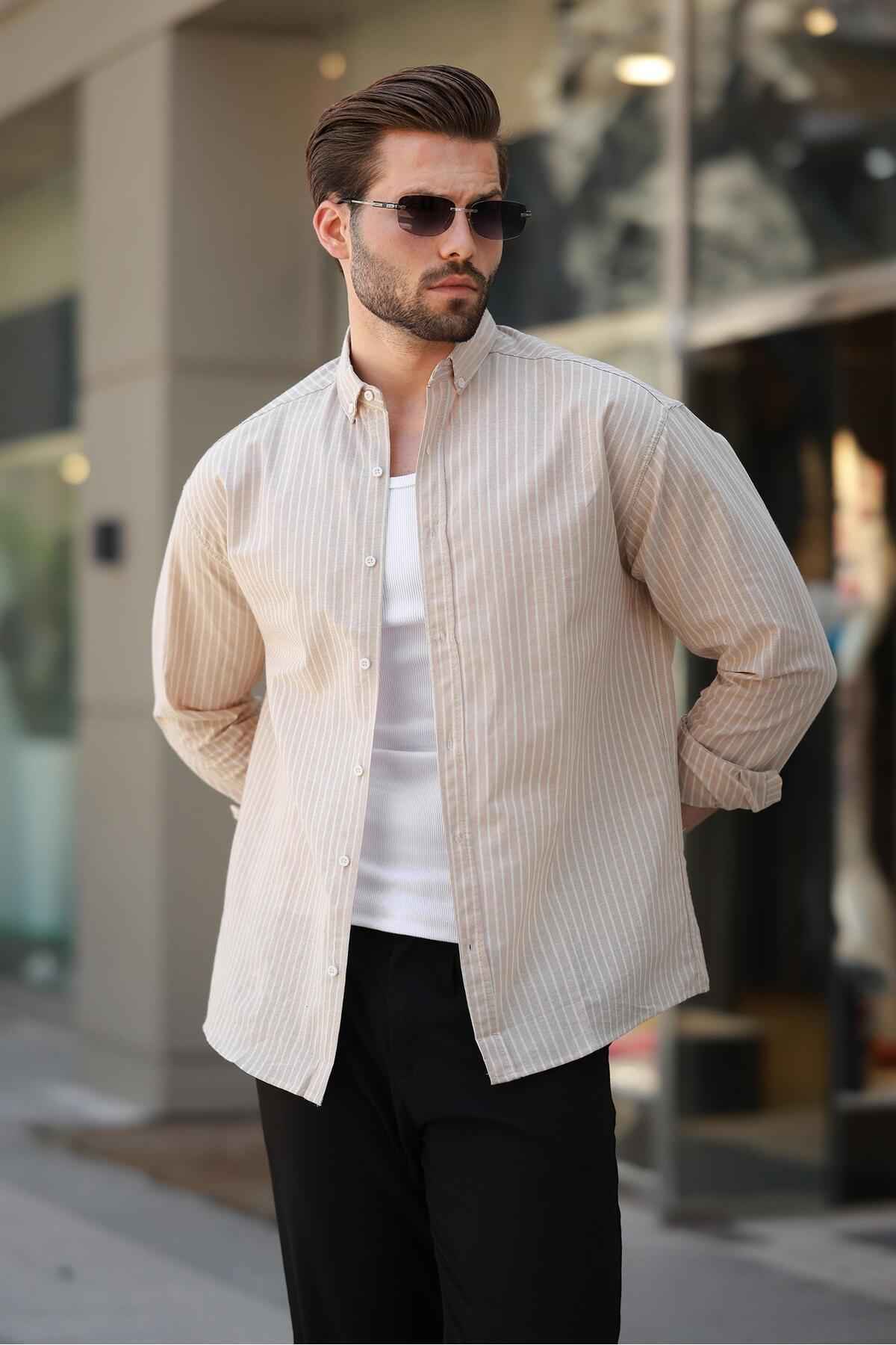 پیراهن مردانه آستین بلند طوسی راه راه