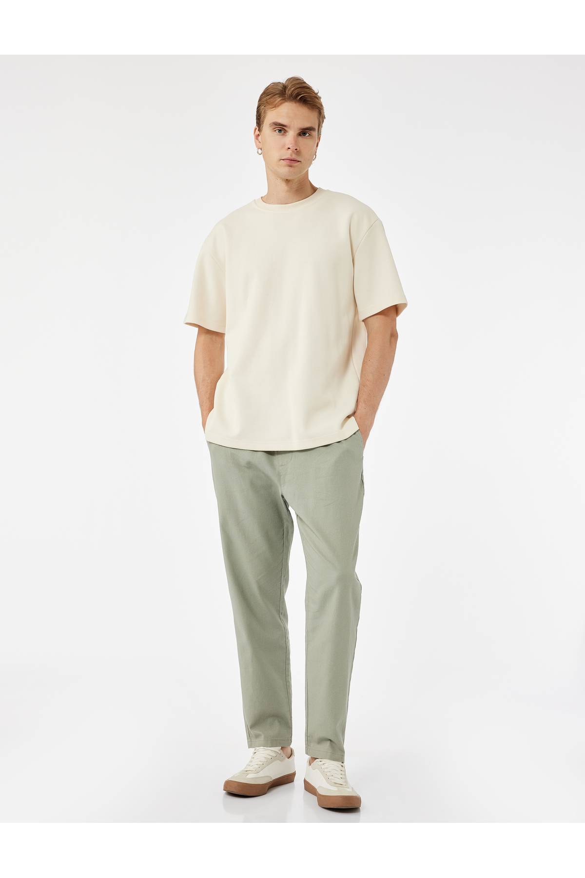 شلوار چینی کمر گره خورده کتان پنبه ای