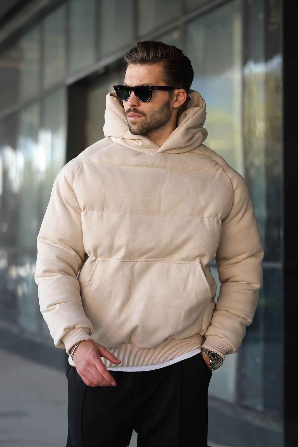 مانتو پفی مردانه کلاهدار خاکی