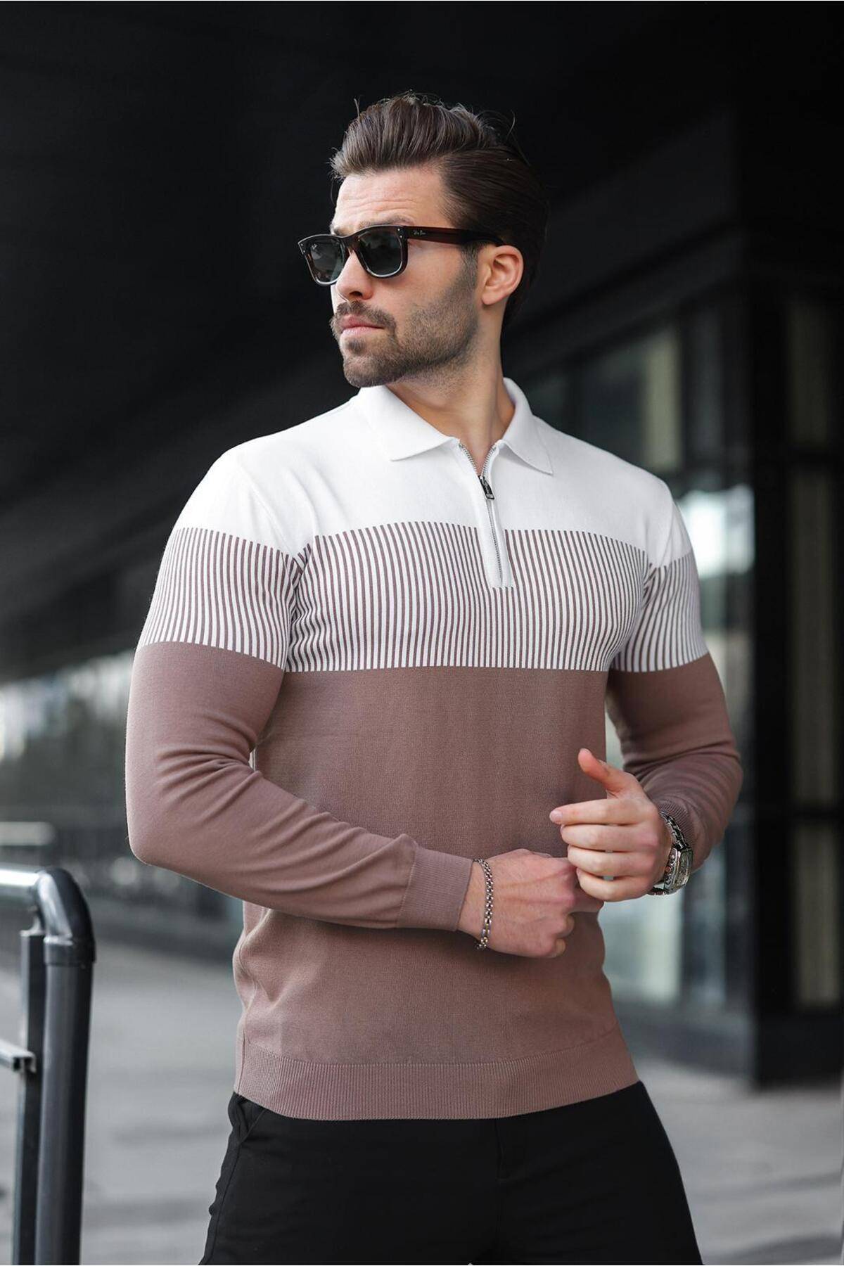 پلیور آستین بلند بلوکی رنگ یقه زیپ خاکستری