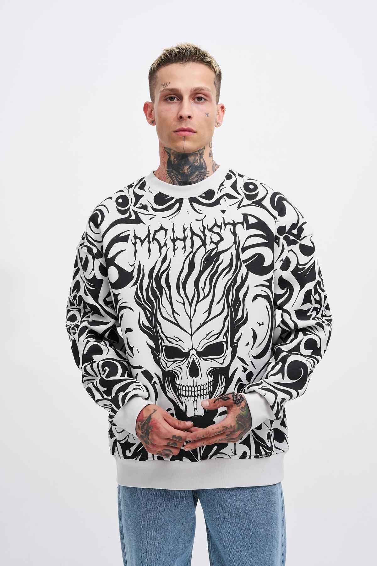 سویشرت مردانه با چاپ جمجمه خاکستری سایز بزرگ