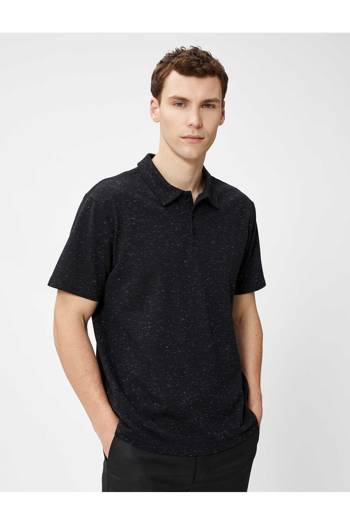 تیشرت یقه پولو مرمری آستین کوتاه دکمه دار