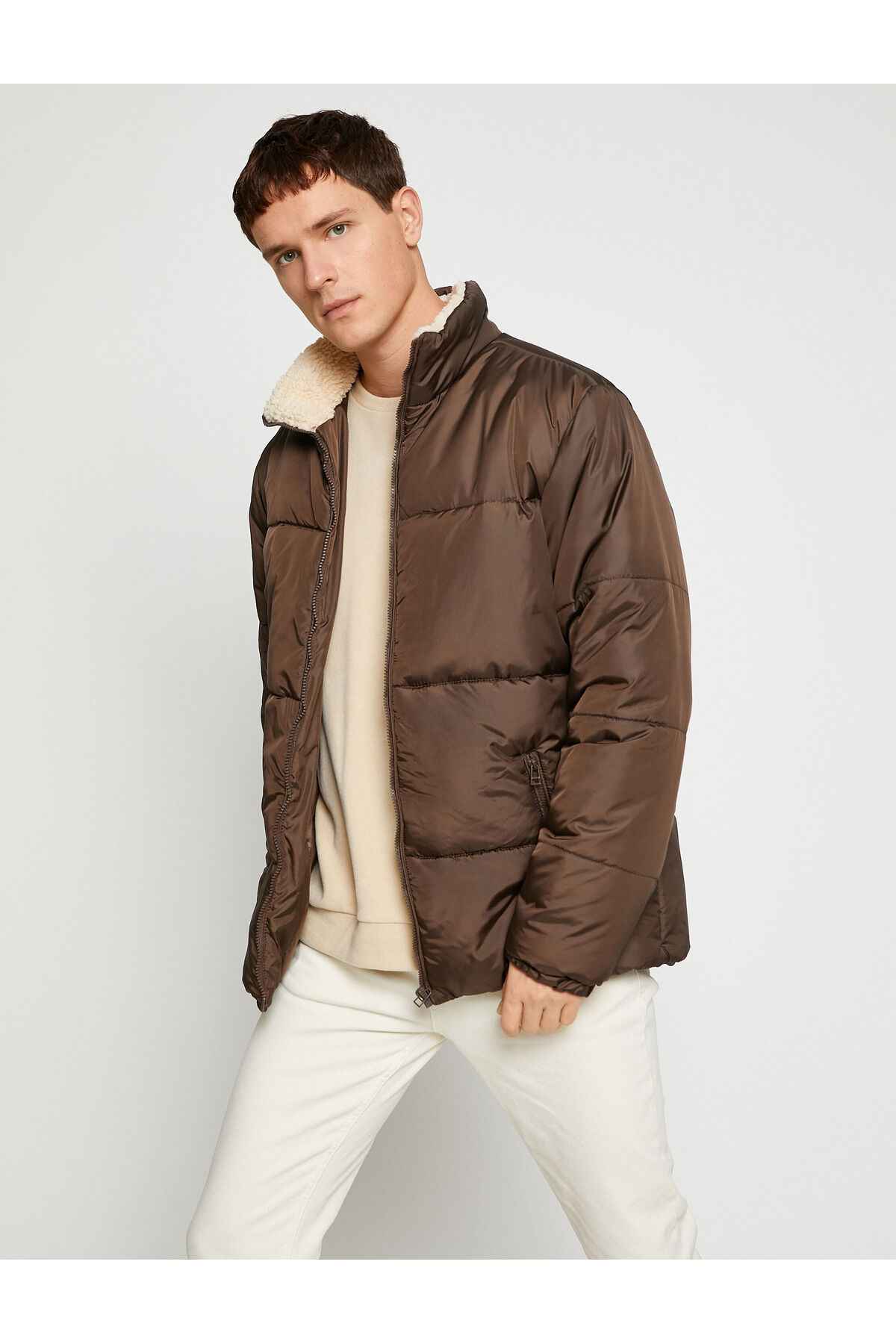 جیب زیپ دار یقه ای ژاکت پفی براق و ضد آب