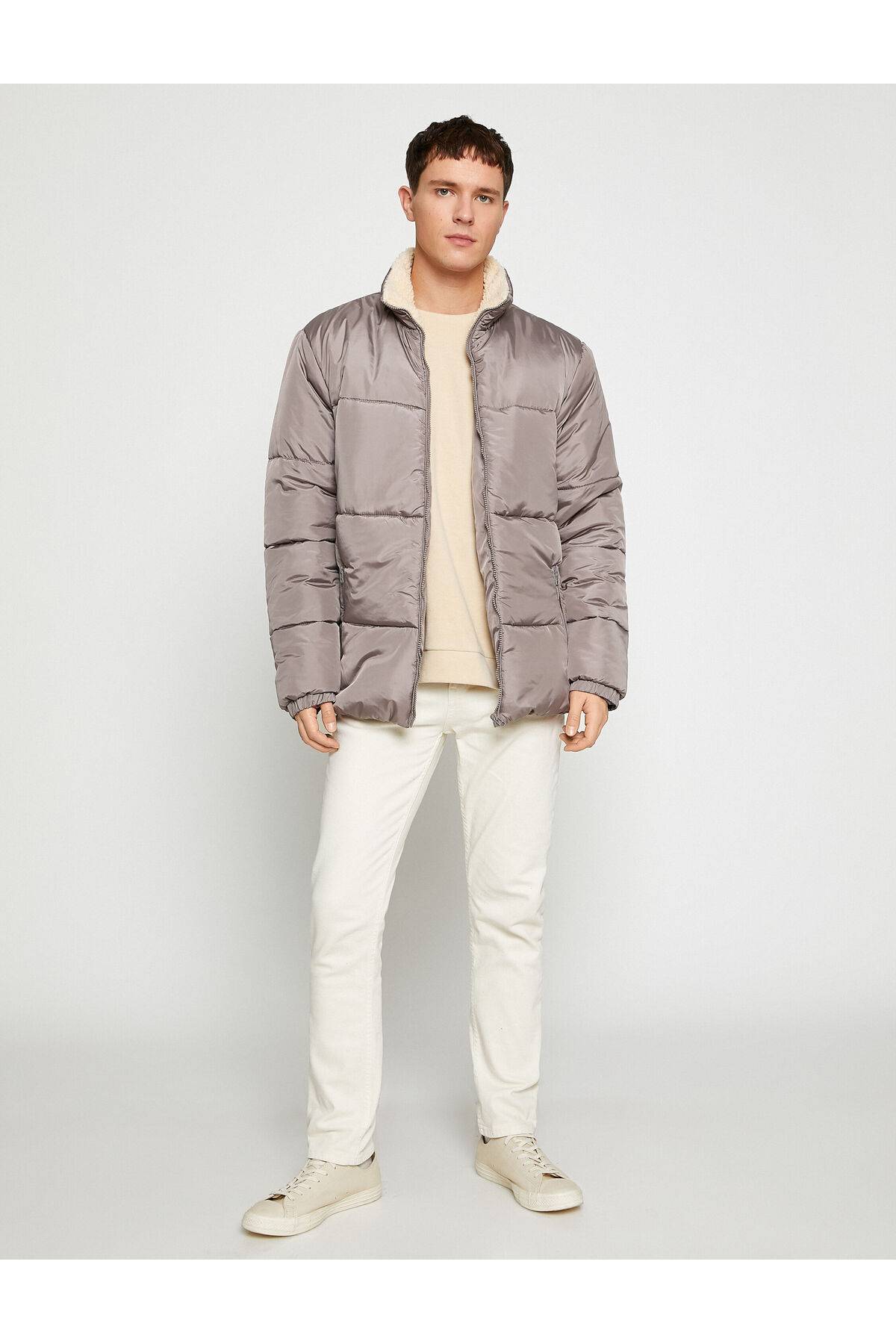 جیب زیپ دار یقه ای ژاکت پفی براق و ضد آب